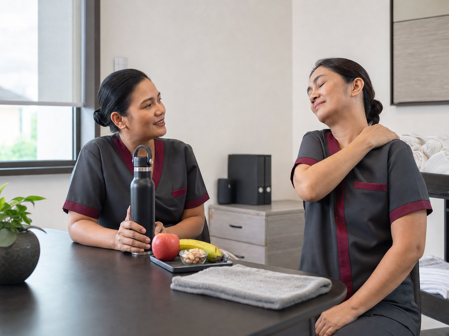 Pausa de hidratacion y recuperacion en un entorno de housekeeping hotelero